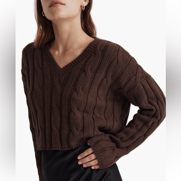 Madewell Sweaters - Madewell Brown Cable Knit V-Neck Crop Sweater